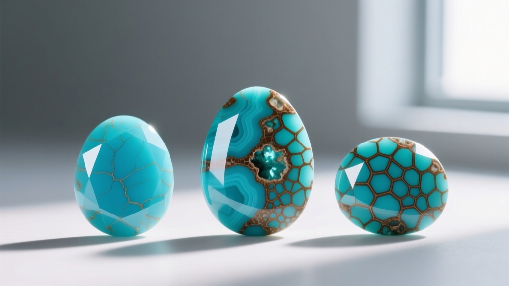 Macro photography comparing three turquoise cabochons showing varying matrix patterns from sky blue to heavily webbed brown