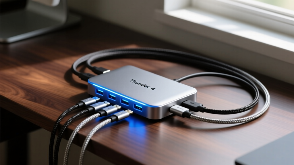 A sleek aluminum Thunderbolt 4 docking station glowing with soft blue LED indicators, surrounded by neatly routed braided USB-C cables on a dark walnut desk.