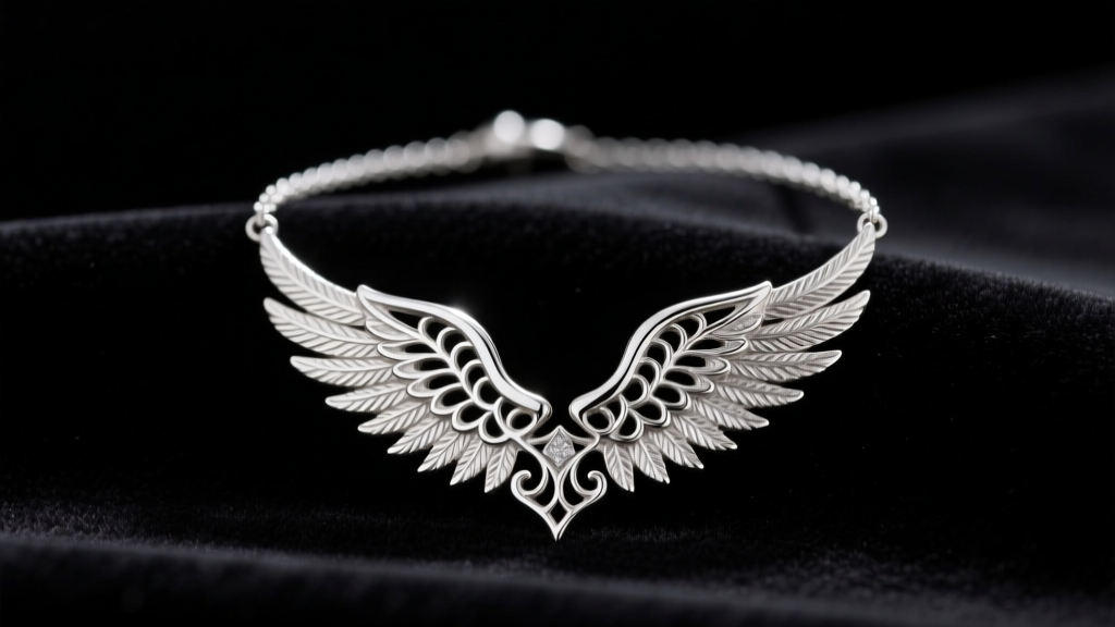 Sterling silver angel wing necklace with filigree details resting on dark velvet under soft directional studio lighting.