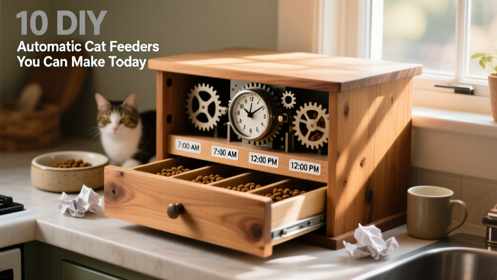 Wooden drawer unit with visible gear-like notches and a labeled time dial, showing how meals are released at set intervals