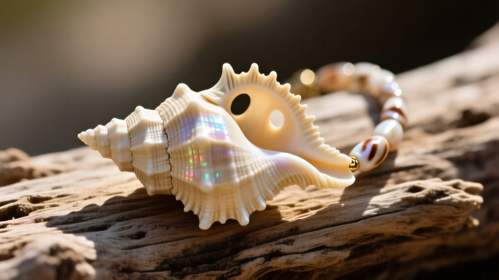 Macro photo of a natural cone shell puka necklace on wood, revealing organic holes and creamy shell texture under warm sunlight.