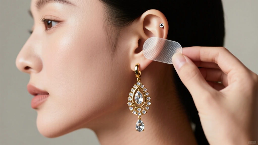 Side profile of a woman applying a clear, adhesive earlobe support patch behind her piercing before attaching a heavy drop earring