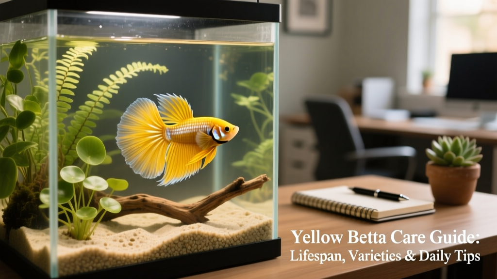 Well-maintained 5-gallon aquarium with a yellow betta, live plants, and soft substrate