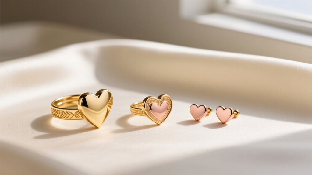 Flat lay of three gold heart ear cuffs and studs in 22k, 18k, and 14k rose gold, arranged neatly on a cream silk fabric background