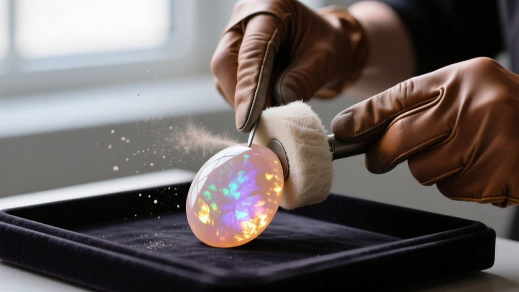 Jeweler using a soft muslin wheel with cerium oxide to polish a cabochon peach moonstone and restore its signature optical sheen