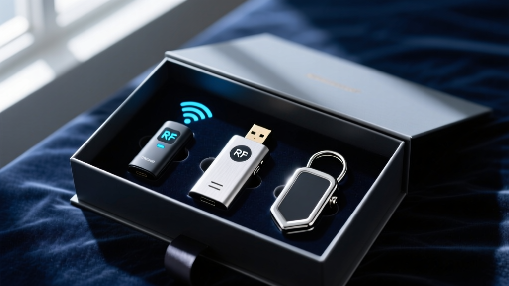 A sleek gift box holding an RF signal detector, a discrete USB voice recorder, and a smart tracking clip on dark velvet