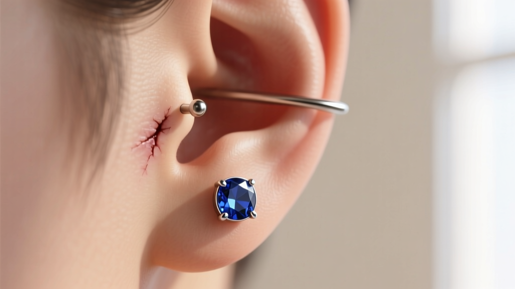 Macro shot of a healed left earlobe piercing wearing an 18-gauge titanium flat-back stud with a small bezel-set sapphire gem