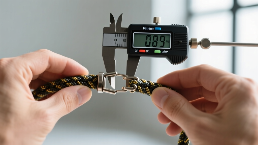 Hands performing a tension test on a paracord emergency necklace, pulling the magnetic clasp apart with a digital force gauge.