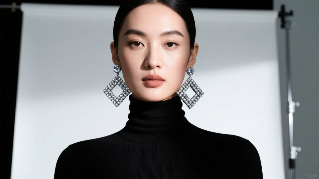Model in black turtleneck wearing bold geometric square beaded drop earrings, studio lighting, high fashion editorial style.