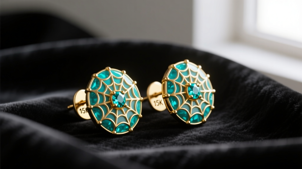 Macro shot of antique gold and turquoise earrings on dark velvet, highlighting spiderweb matrix and a 15K hallmark.