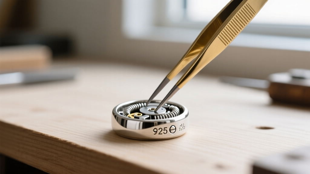 Close-up of brass tweezers inspecting the internal steel spring mechanism of a 925 sterling silver bolt ring clasp on a workbench