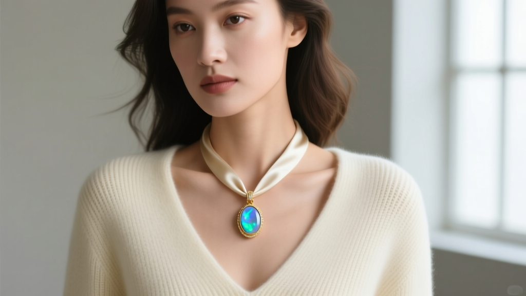 Close-up of a model wearing an adjustable silk cord necklace with an opal pendant resting on a deep V-neck cream cashmere sweater