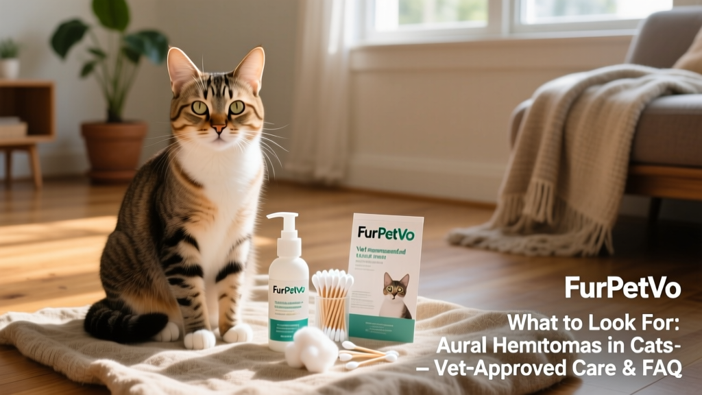 Happy, relaxed cat sitting calmly with both ears upright and clean, next to FurPetVo branded ear care products