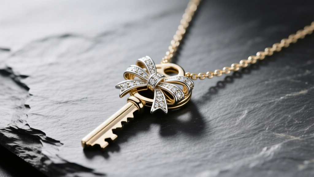 Macro shot of a white gold key necklace on slate, focusing on the intricate teeth and ornate bow of the rhodium-plated pendant.