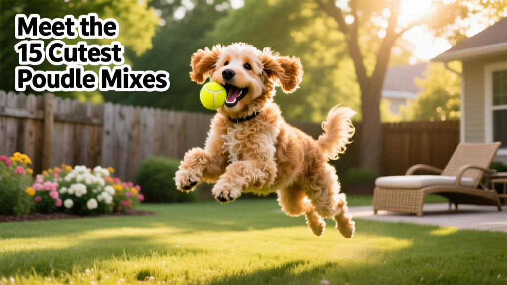 A joyful, wavy-coated Goldendoodle playing in a sunlit backyard with a tennis ball