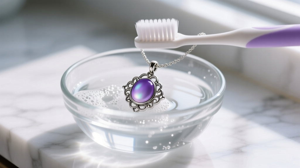 A soft-bristled baby toothbrush gently scrubbing a silver purple pendant necklace in a small glass bowl of soapy distilled water