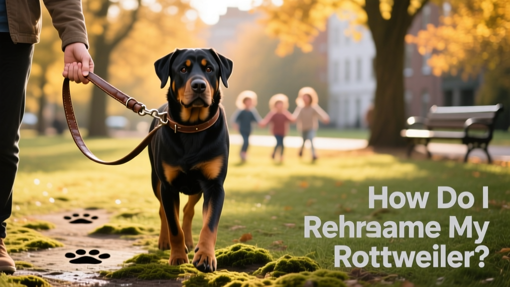 Two hands gently holding a Rottweiler's leash during a quiet meet-and-greet walk in a park