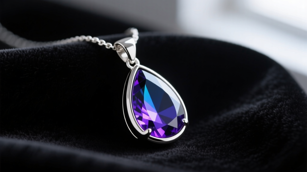 Close-up of a silver teardrop mood necklace pendant on dark velvet, displaying a vibrant deep violet thermochromic crystal color.