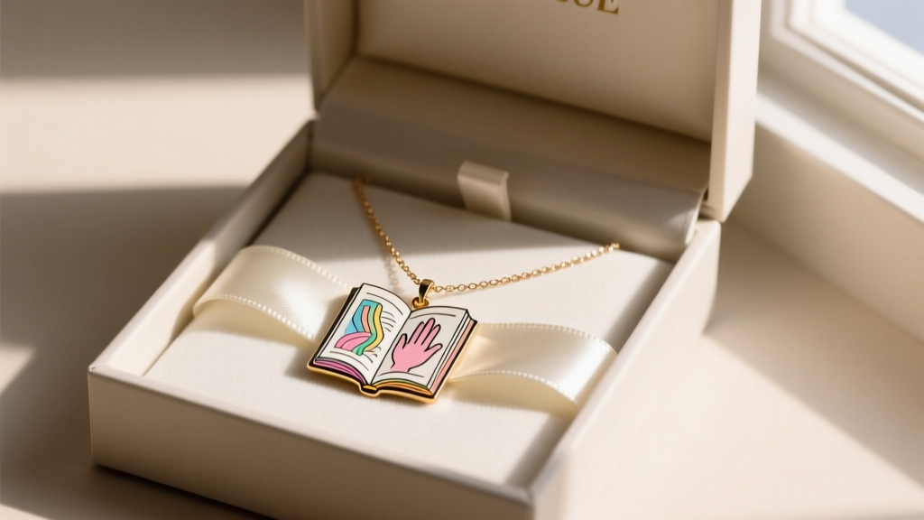 Open gift box revealing a delicate 1mm box chain necklace with a miniature coloring book page pendant resting on a silk ribbon.