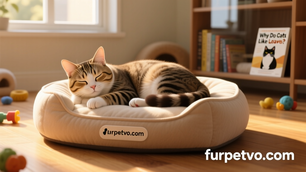 Cat in a cozy furpetvo.com memory-foam bed, peacefully loafing with eyes half-closed and tail curled around