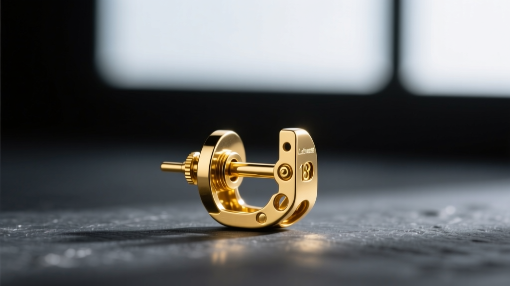 Macro photo of an 18k yellow gold earring post with a La Pousette locking back mechanism, lit against a dark slate background.