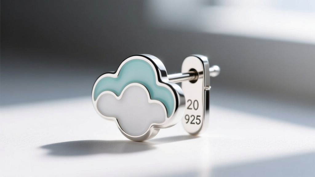 Close-up of a 20-gauge sterling silver post on an enamel cloud earring, showing a friction back and laser-stamped 925 hallmark.
