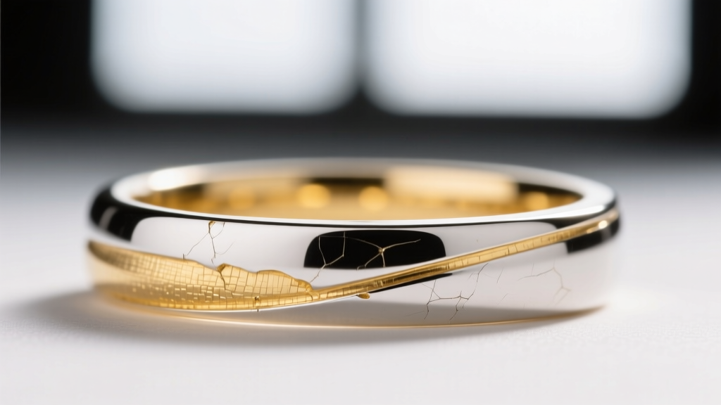 Macro shot of a white gold ring prong where the rhodium plating has worn away, revealing the pale yellow gold alloy underneath.