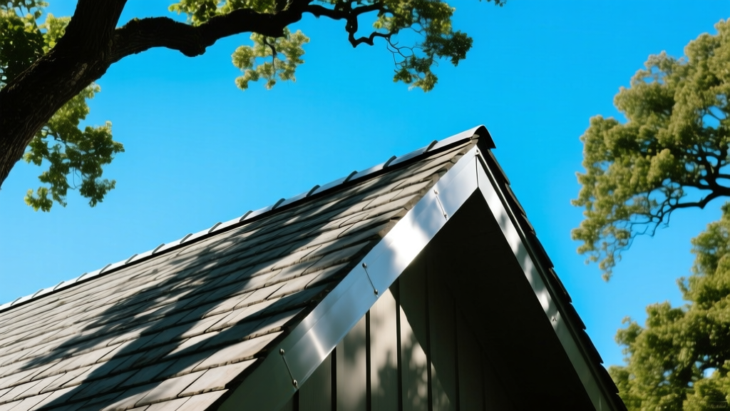 Steep pitched roof featuring natural grey slate tiles and standing seam metal flashing under a bright blue sky with oak trees
