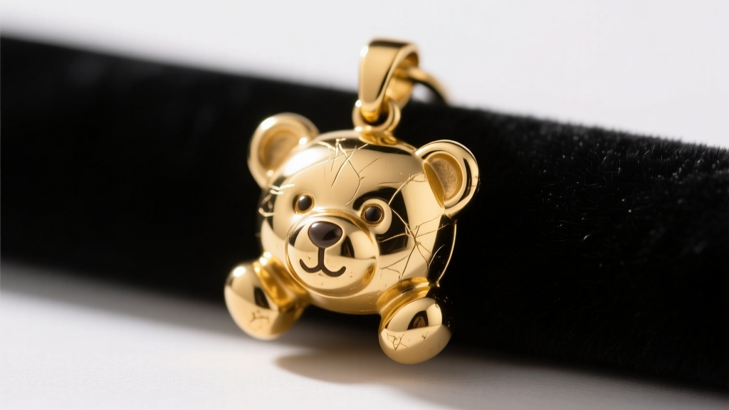 Macro shot of a 14k gold teddy bear pendant on black velvet, revealing worn facial details and a lightly scratched metal surface.