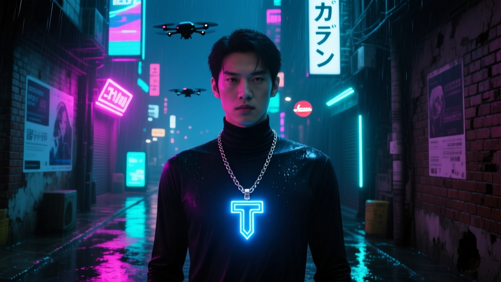 Person wearing a dark turtleneck and a glowing Tron pendant on a steel box chain in a moody neon-lit cyberpunk alleyway at night.