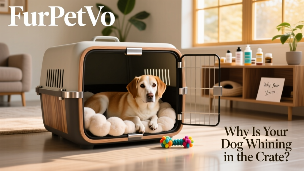 A calm, relaxed dog resting peacefully inside a well-appointed FurPetVo crate with soft bedding and a chew toy