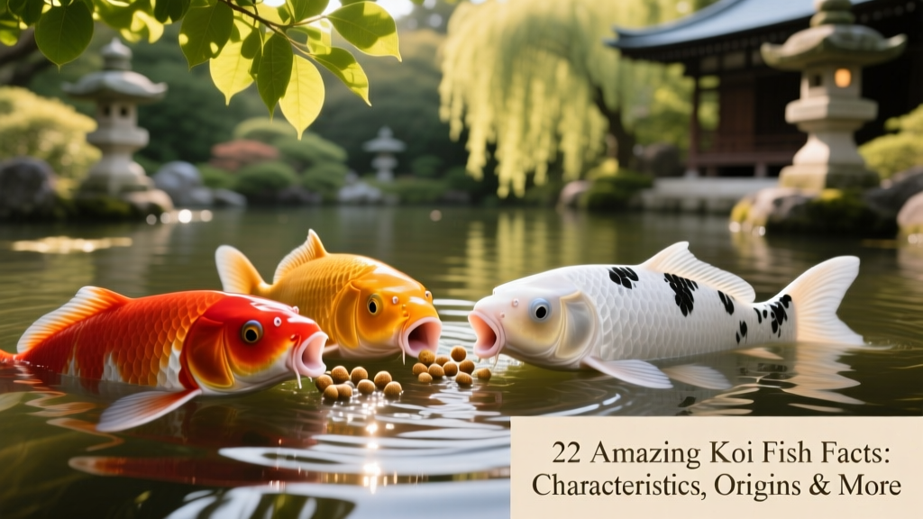 Close-up of koi fish gently feeding at the water’s surface, mouth open as they accept floating pellets