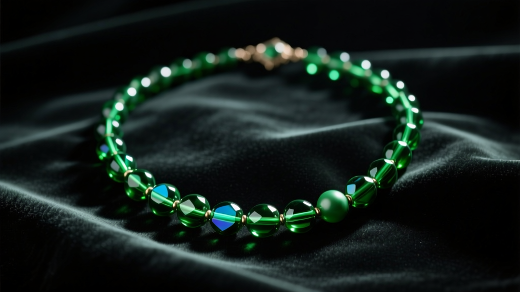 Victorian emerald green glass bead necklace on dark velvet, lit by moody lighting to evoke a sense of hidden historical danger.