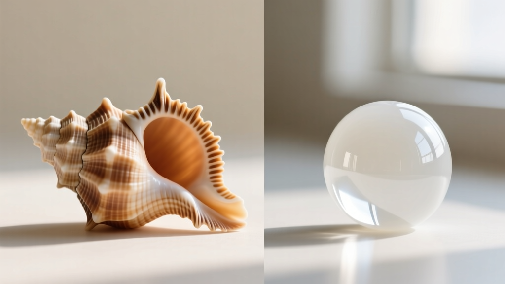 Macro split-screen of a genuine asymmetric cone shell with a flared hole beside a perfectly round, flat resin imitation bead