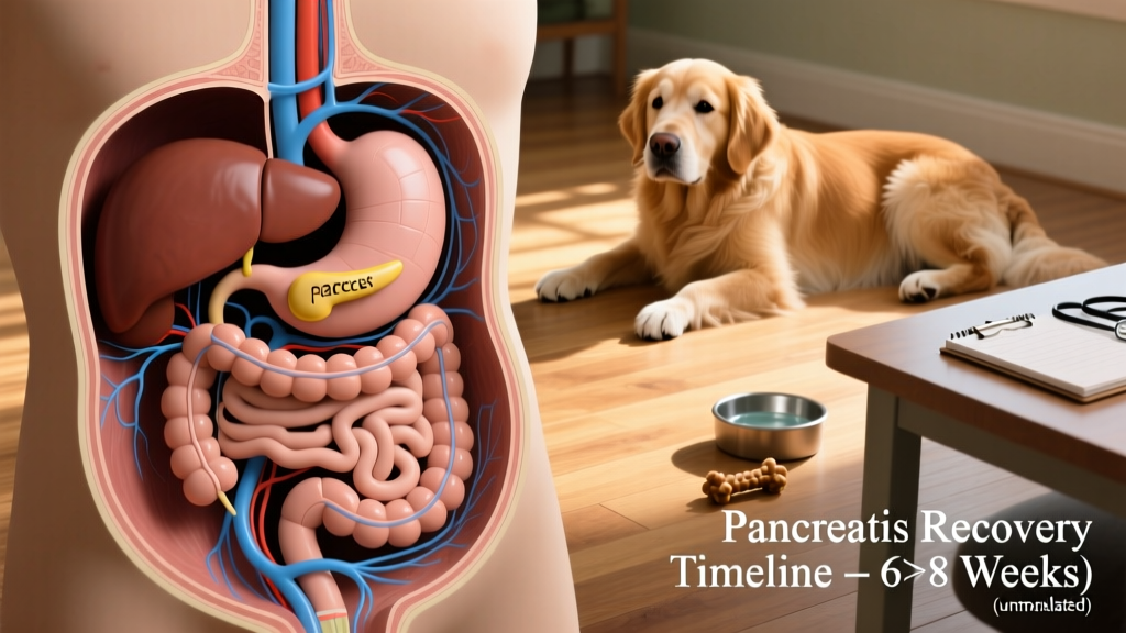 Cross-sectional illustration showing the pancreas positioned near the stomach and small intestine in a dog's abdomen