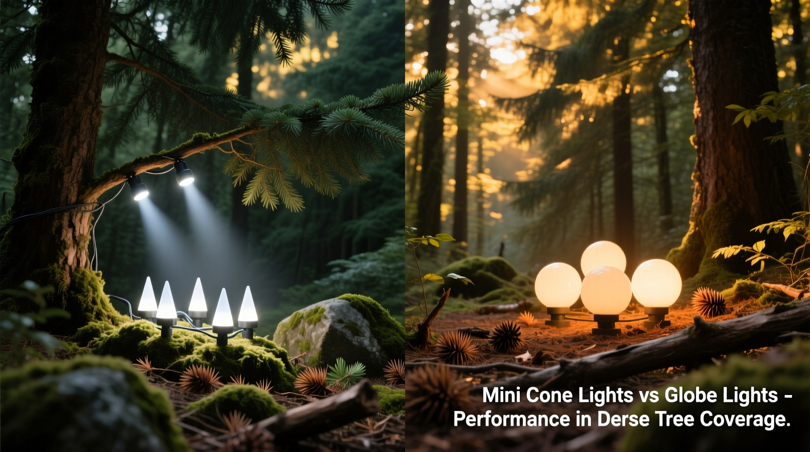 mini cone lights vs globe lights which works better for dense tree coverage