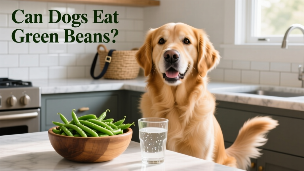 Happy, healthy dog sitting beside a bowl of fresh green beans and clean water