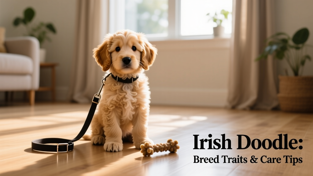 Irish doodle puppy sitting attentively beside a leash and toy