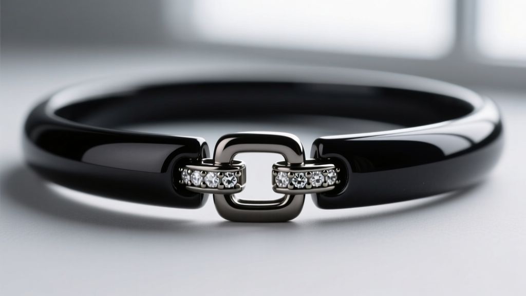 Macro photography of a matte black ceramic choker necklace clasp showing seamless zirconia link joints and dark PVD titanium