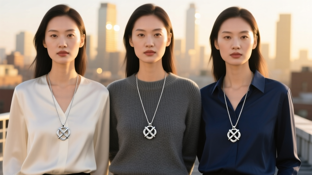 Three women wearing matching interlocking sterling silver three way friendship necklace pendants on delicate 18-inch cable chains