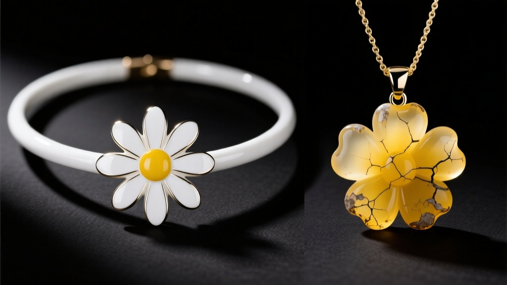 Side-by-side comparison of a bright white enamel daisy choker and a yellowed degraded resin flower pendant under harsh studio light