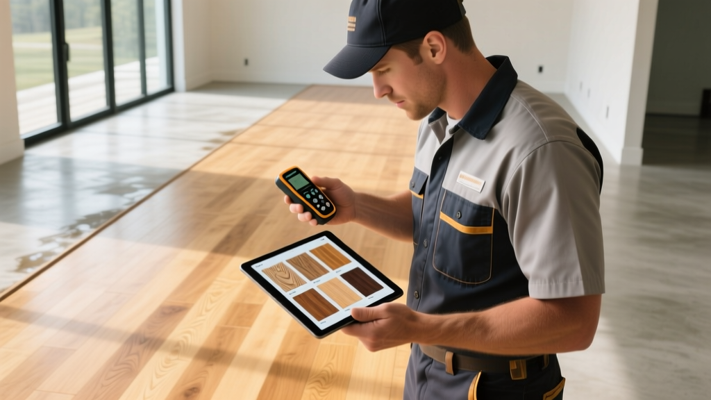 Contractor checking moisture on wide-plank white oak floor while viewing wood floor types pictures on a tablet screen