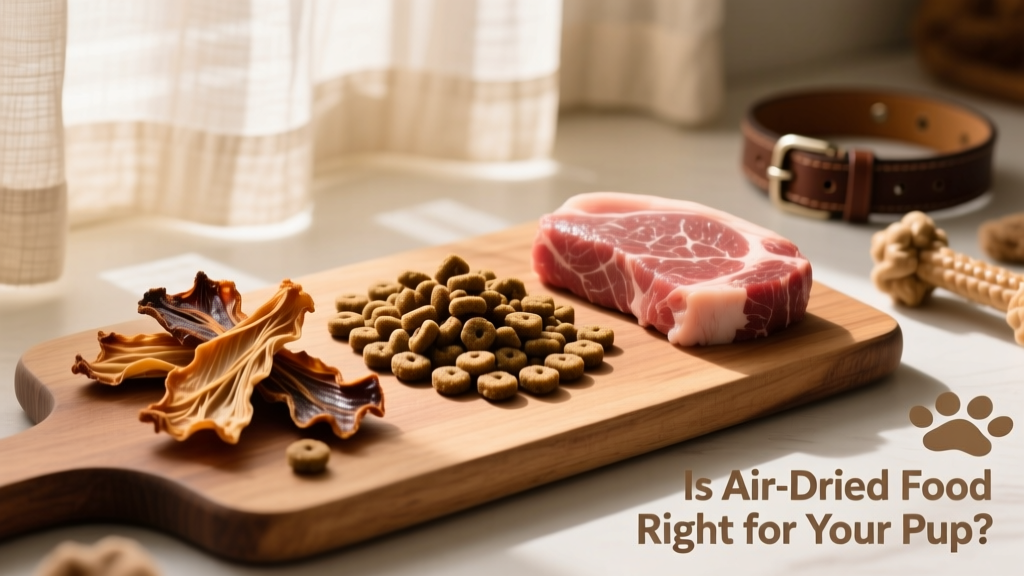 Side-by-side comparison: air-dried food pieces next to kibble and fresh meat, highlighting texture and density