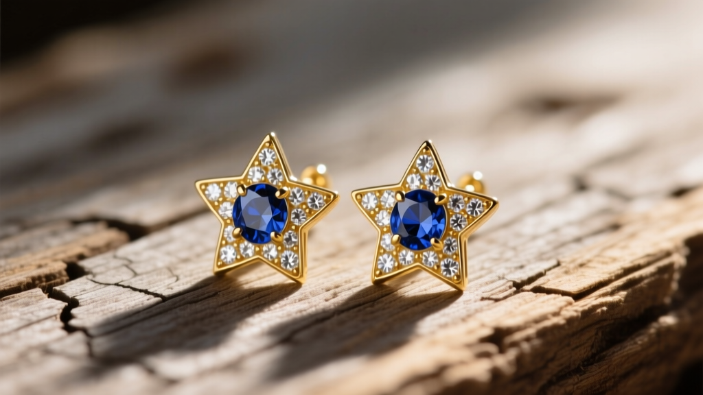 Gold star drop earrings with diamonds and a sapphire on weathered wood in soft sunlight, showing fine metalwork and gem clarity.
