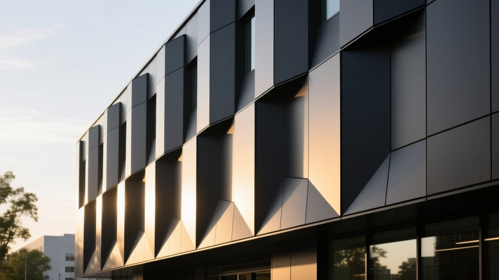Dark charcoal PVDF-coated ACM building material panels with crisp geometric reveals installed on a modern commercial facade