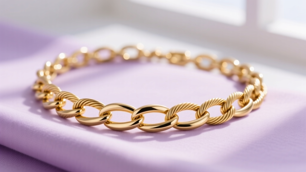 Solid 10k gold cable chain necklace on pastel fabric, showing durable interlocking oval links under bright natural window light