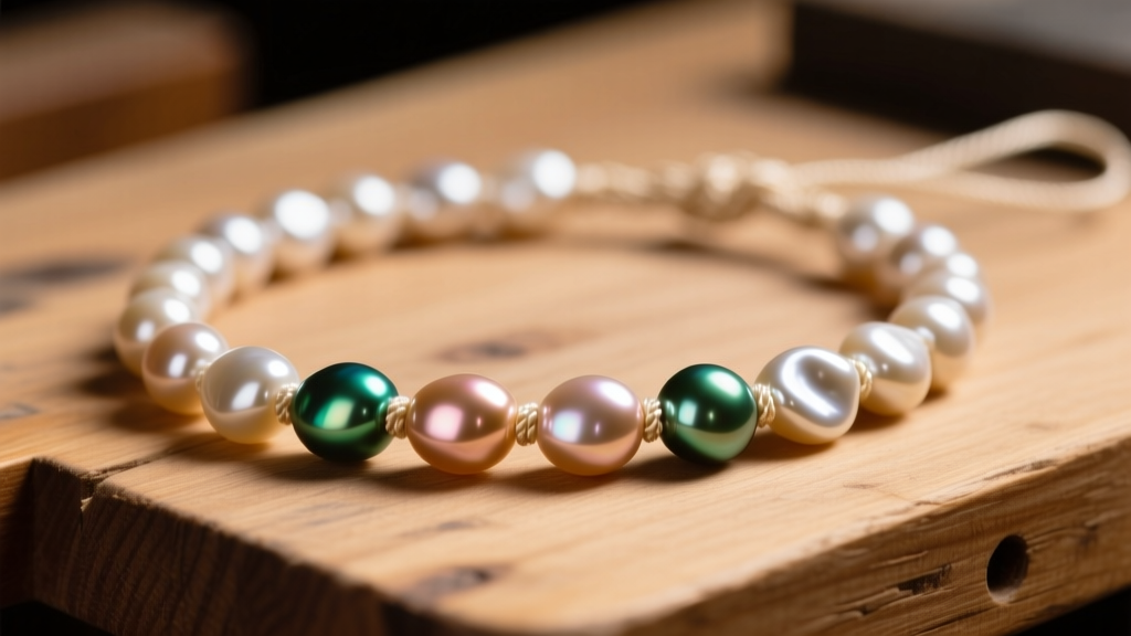 Close-up of a keshi pearl strand knotted with size E silk thread, showing high luster and irregular shapes on a wooden workbench.