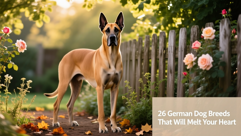 A majestic, fawn-colored Great Dane standing calmly beside a wooden fence in a garden, ears pricked and eyes alert