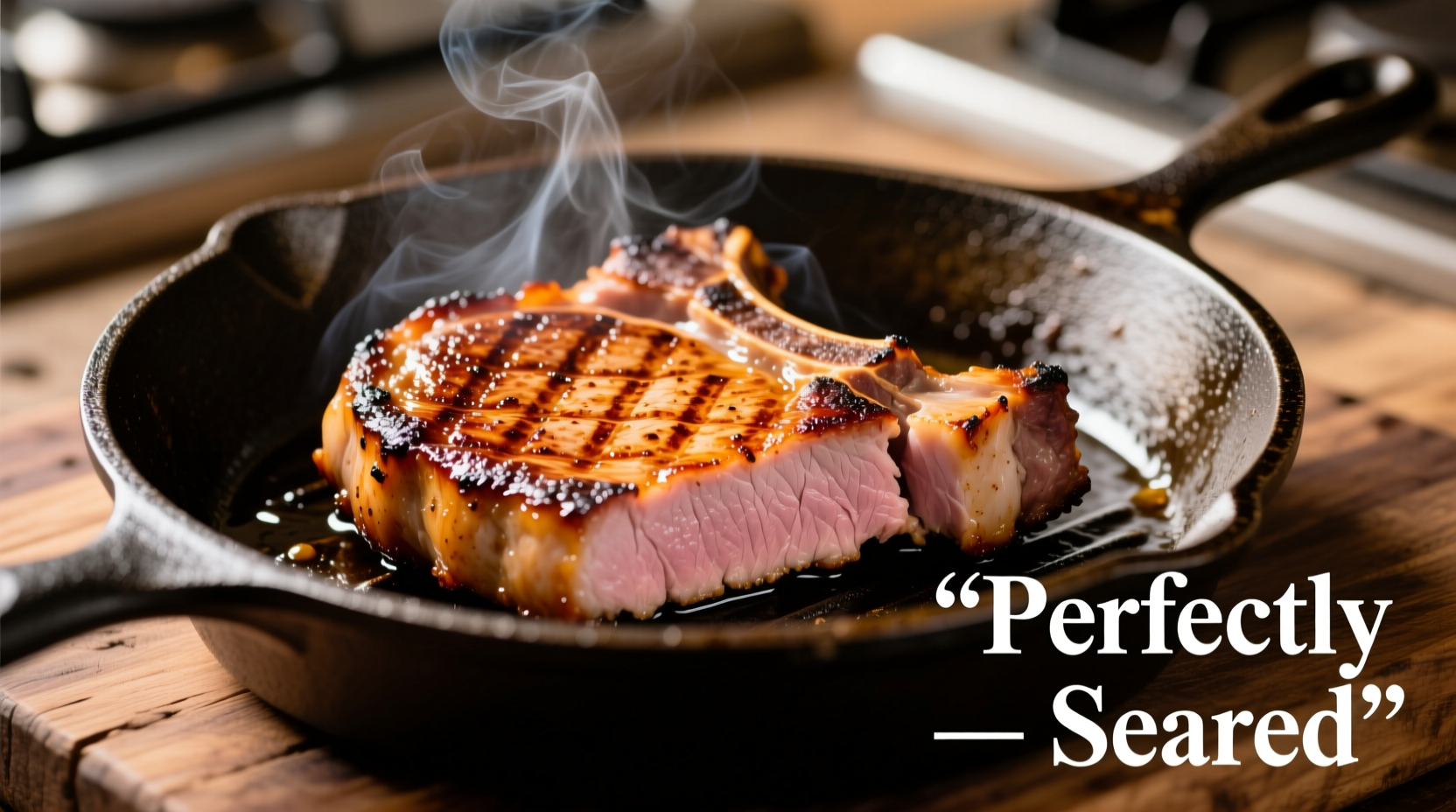 Perfectly seared pork chops in cast iron skillet with golden crust