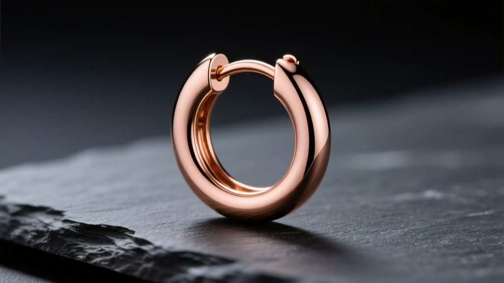 Macro shot of a 14k rose gold huggie hoop earring with seamless clicker closure on dark slate under directional studio lighting.